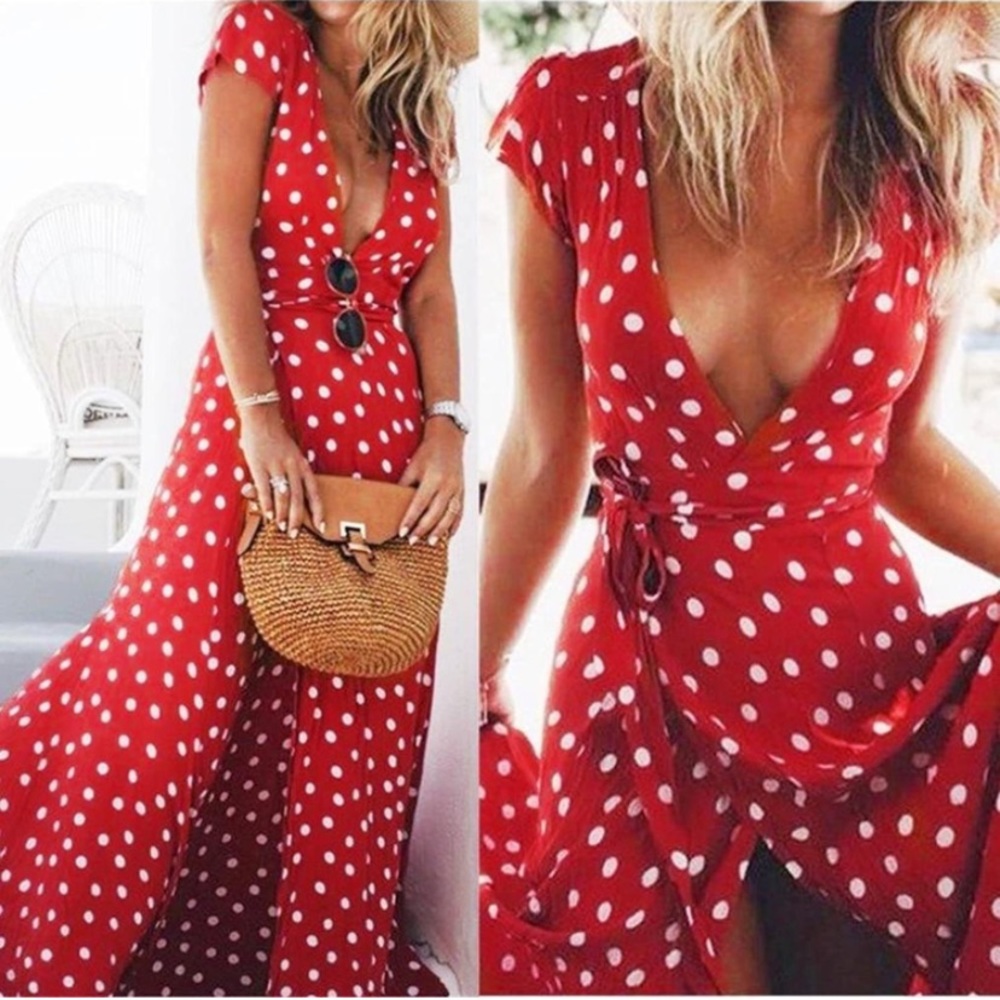 Boho red maxi polka dot dress